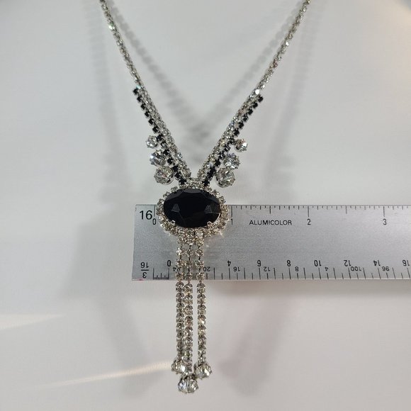 Vintage Y Drop Necklace Black Clear Faceted Rhinestone Crystal Fold Over Clasp - Picture 6 of 10